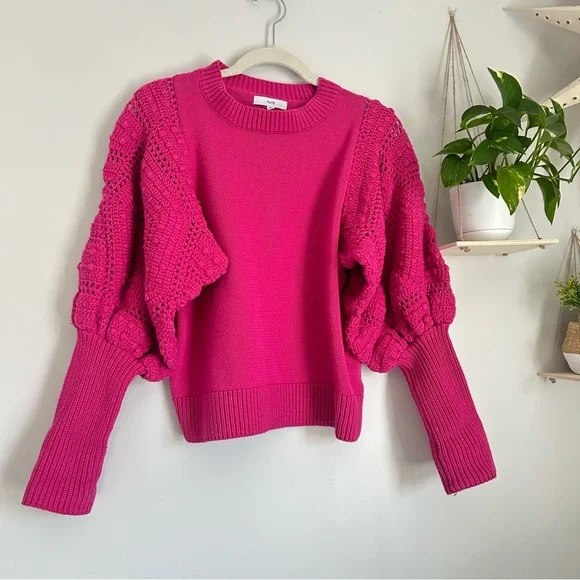 🩷FATE HOT PINK BARBIE CORE HAND KNIT CROCHET BALLOON SLEEVE SWEATER SIZE MEDIUM - Picture 7 of 13